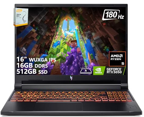 Acer Nitro V 16 AI Gaming Laptop | 16 WUXGA IPS 180Hz | AMD Hexa-Core Ryzen 5 240 | 16GB DDR5 512GB SSD | GeForce RTX 5050 8GB DLSS4 (Up to 440 AI Tops) | Backlit Keyboard Win11 w/DLCA Accessory