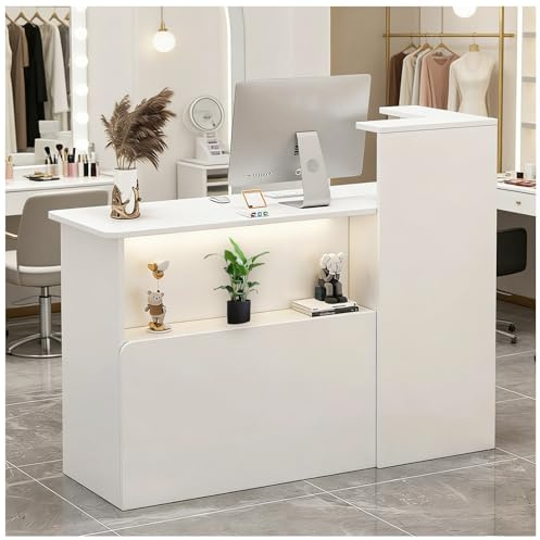 Empfangstheke mit Theke Kasse mit LED-Beleuchtung Offene Frontablage mits abschließbarer Schublade Empfangstheke für Büro-Lobby Nagelstudio Spa Verkaufstheke,White Left,120x42x100cm