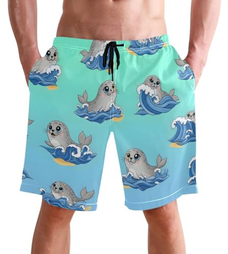 SLHKPNS Cute Seal Wave Mens Swim Trunks Bathing Suits Swimming Shorts,2XL