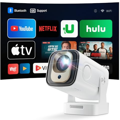 Mini Projector 4K Native 1080P Portable Projector for Bedroom with WiFi 6 & BT 5.4 10000L Smart Projector Auto Keystone 180° Rotation Compatible with HDMI/TV Stick/Laptop
