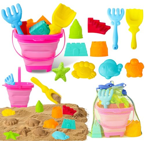 Beach Sand Toys for Kids,12 PCS Collapsible Beach Toys Set and Spade Set with Mesh Bag,Castle&Aninal Moulds ,Travel Beach Essentials for Children,Gardening Beach Outdoor Toys for Boys Girls (Pink)
