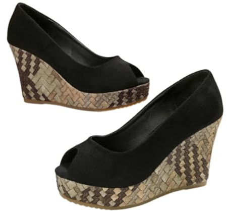 XHZPF Scarpe singole con tacco alto con tacco alto con tacco a cuneo bocca per donne in autunno, nuova scarpa singola poco profonda(Nero,42)