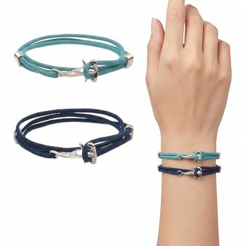 Lot de 2 Bracelets Surfeur Requin pour Homme et Femme - Bracelet Corde Marine Ajustable et Étanche - Bijoux Maritimes en Alliage Style Nautique pour Surf et Plage - Bleu Ciel et Bleu Vert
