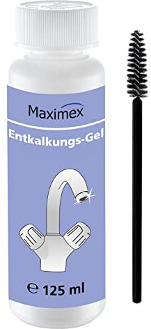 Maximex Entkalkungsgel mit Bürste, Spezial-Entkalker entfernt Kalk, Kalkschleier & Zementschleier auf Armaturen, Kacheln & Glaskeramikfeldern, besonders sparsam, reinigt selbststätig, 125 ml