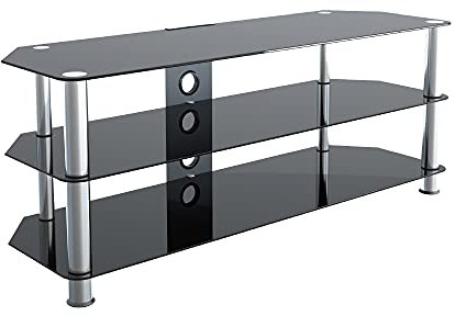 AVF Black Glass TV Stand - Black Tempered Glass & Chrome Metal Leg TV Unit Floorstand with Cable Management, 125cm Wide - Three Shelves - For TVs Up to 60 & 45kg - SDC1250CM
