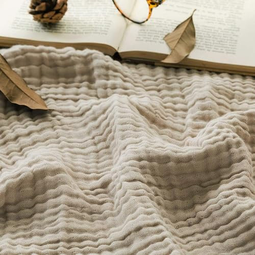 EMME Baumwolle Decke, Vorge-waschene Kuscheldecke, Weiche und Atmungsaktive Tagesdecke, Universale Sofadecke Leichte Bequeme Baumwoll Musselin Decke für Ganze Saison (Beige, 127 x 177 cm)