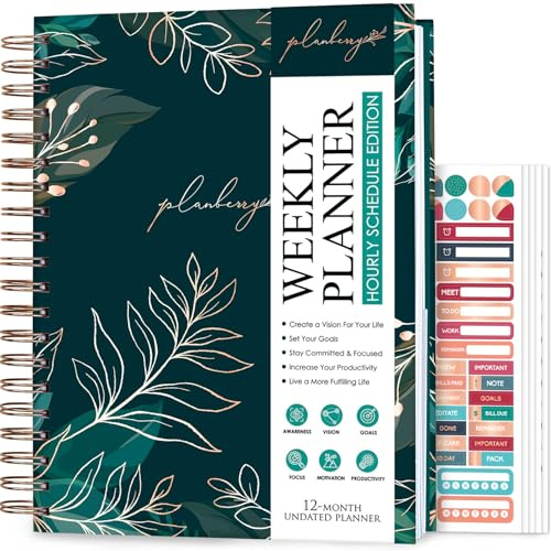 PLANBERRY Stor planeringskalender för timplanerare – odaterad organiserare för produktivitet, tidshantering och budget, 20 x 27 cm (gröna betesmarker)