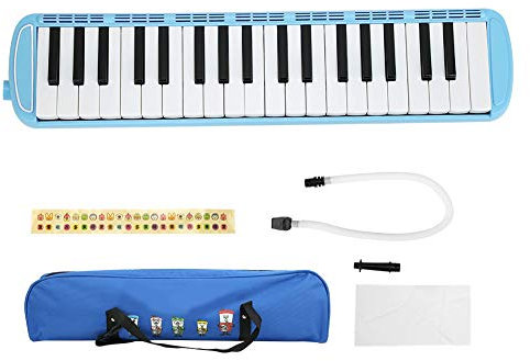 37 Tasten Melodica im Klavierstil Lange Röhre Melodica mit Schlüsselaufklebern Doppelte Mundstücke Röhren Tragetasche für Kinder Anfänger Erwachsene (Blau)