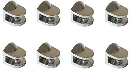 Metall Glasklemme, Gebogenes Design, 8er Set, Glasbodenträger 22 x 22 x 22mm, Gebürstetes Nickel, Einstellbarer Glashalter mit Kunststoffeinsatz für 4-8mm