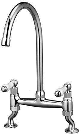 Peppermint Traditional Kitchen Sink Bridge Mixer Tap Dual Ceramic White Handle Monobloc Bar Kitchen Tap 2 Hole with Swivel Spout, Chrome Classic Bar Faucet