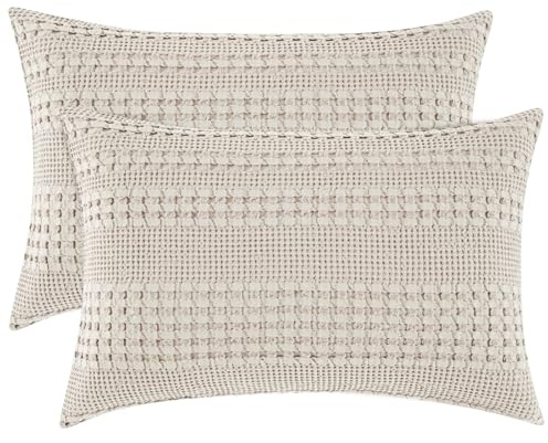 PHF 100% Cotton Waffle Pillow Shams Standard Size, 2 Pack 20 x 26 Soft Skin-Friendly Pillowcases, No Filling, Aesthetic Woven and Breathable Waffle Weave Pillow Case Covers for Bed, Oatmeal
