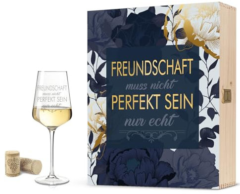 GRAVURZEILE Leonardo Weinglas mit Gravur - Freundschaft muss nicht perfekt sein - Geschenkset inkl. Holzkiste - Geschenkidee für Freundinnen - Geschenkidee für Frauen - Farbe: Große Kiste UV