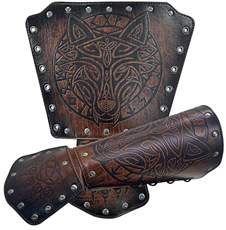 Thajaling Viking Wolf Head Leather Bracers, Medieval Archery Bracers, Nordic Knight LARP Arm Guards for Cosplay Halloween Costume (Brown)