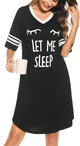 Vlazom Women's Nightdresses Soft Boyfriend V Neck Sleep Shirt Short Sleeves Nightshirt Oversized Nightgown Loungwear Sleepwear,Y-Black,XXL