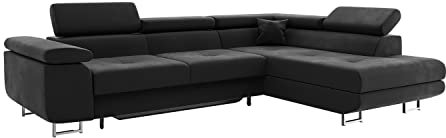 MEBLINI Schlafcouch mit Bettkasten - Ecksofa mit Schlaffunktion - Sofa mit Relaxfunktion und Kopfstützen - Couch L-Form - Eckcouch - Wohnlandschaft - Carl - 272x202x63cm Rechts - Schwarz Samt