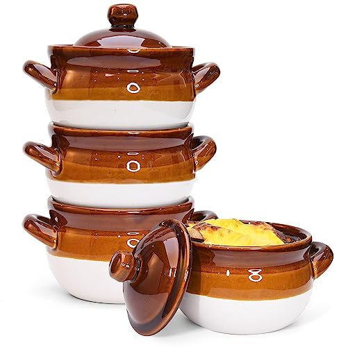 Vumdua French Onion Soup Bowls with Lids and Handles, 16 oz Ceramic Soup Crocks for Chilli, Cereal, Cereal, Pot Pies - French Onion Soup Crocks, Oven, Broil & Dishwasher Safe, Set of 4