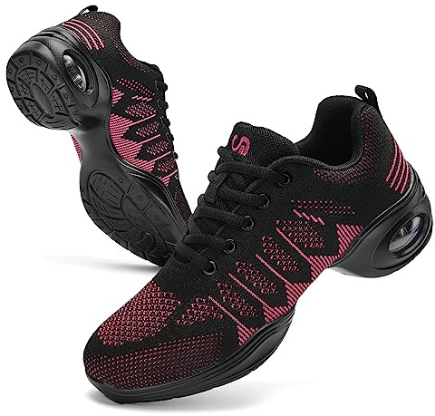 PPQ Women's Jazz Shoes Lace-up Sneakers Modern Dance Shoes Air Cushion Platform Walking Dance Shoes Black&Pink,6