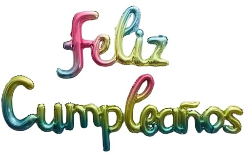 Globos FELIZ CUMPLEAÑOS en español - Guirnalda Decoracion cumple - Globo de aluminio - Super facil montaje - Incluye una cañita - Viene en 3 partes para facilitar el inflado (MULTI)