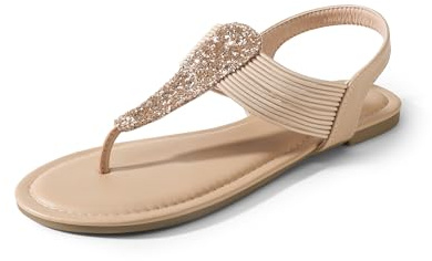 DREAM PAIRS Women's Elastic Strappy String Thong Ankle Strap Summer Gladiator Sandals,Size 7.5,Nude,SPPARKLY