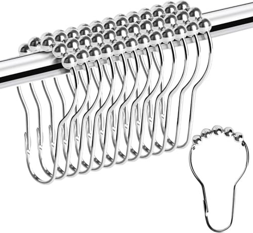 JENWUN Ganci per anelli per tende da doccia antiruggine, ganci per doccia a rulli in metallo resistente per aste da doccia per bagno, rivestimenti per tende, cromo lucido (12 pezzi)