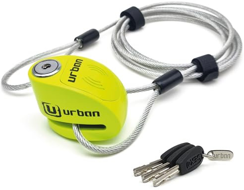 URBAN UR906X5L Bloccadisco Moto con Allarme e Cavo Antifurto 2m, 120dB X2-ON, Impermeabile, Batteria Lunga Durata, Lucchetto Blocca Disco Universale per Moto, Scooter, Bici, Monopattino Elettrico