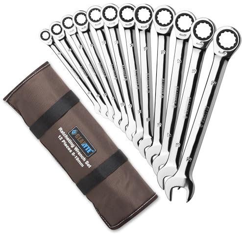 GEARYTE Juego de 16 llaves combinadas de trinquete métricas de acero al cromo vanadio con funda de almacenamiento enrollable, 12 puntos, 72 dientes, 8 mm a 19 mm, tamaños incluidos