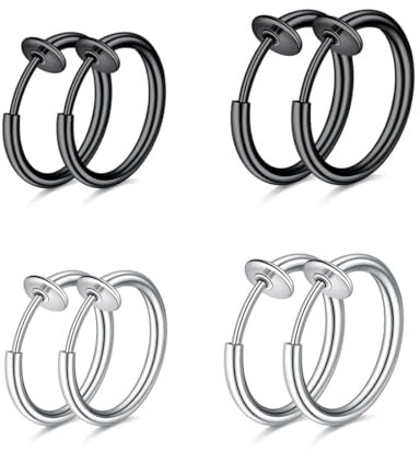 WKRTDY 4 Paar Edelstahl-Ohrclips für Damen und Herren, Ohrringe, die keine Löcher benötigen, Tolle Alternative für Mädchen und Jungen, Vielseitig tragbar, kleine Creolen mit Ringen, Schwarz und Silber