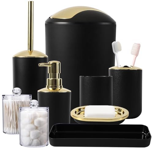 Badezimmer-Zubehör-Set, 9-teilig, Mülleimer, Seifenspender und Schale, WC-Bürste, Zahnbürstenhalter, Becher, Tablett, Wattestäbchen-Behälter, Arbeitsplatten-Organizer und Einweihungsgeschenk