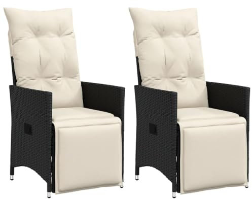 vidaXL Gartensessel mit Kissen 2 STK., Verstellbar Gartenstuhl mit Stahlrahmen, Loungesessel für Außenbereich, Relaxsessel Sthulset, Schwarz Poly Rattan