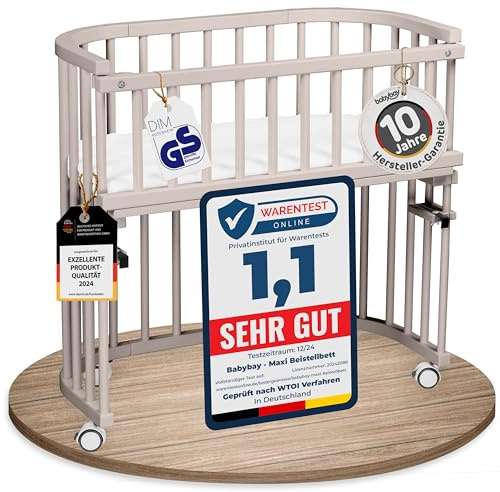 babybay Cuna Extra Grande de Madera de Haya Maciza, Altura Regulable y respetuosa con el Medio Ambiente, con colchón, Rejilla, Ruedas (Lacado Beige)