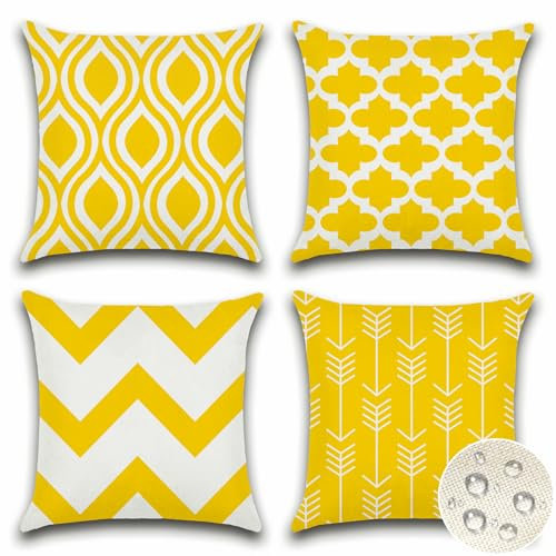 JOTOM Exterieur Housse Coussin Lot de 4 Impermeable Géométrique Coussins Canape Decoratif Taie Oreiller pour Jardin Balcon Salon Maison Taie d'oreiller 40x40 cm (Jaune)