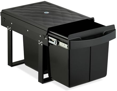 Relaxdays Cubo de Basura Cocina, 2 Espacios, 2X 15 L, 34,6x34x51,8 cm, Extraíble, Papelera Reciclaje Fregadero, Negro, Plástico, Acero, 2 x 15 L