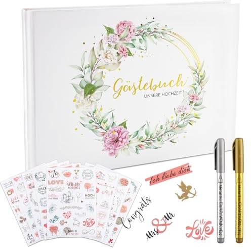 Zosenyer Guest Book Matrimonio, Biglietto Auguri Matrimonio Scrapbook Vintage 23.6x18 cm Biglietto Auguri Compleanno, Libro degli Ospiti 120 Pagine 8 Adesivi 2 Penna, Ideale per Battesimi Anniversari