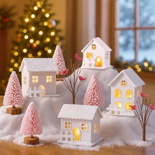 Cinnvoice Weihnachtsdorf-Sets mit Teelicht, Weihnachtsdekoration, 4 Dorfreihen, 4 Kiefern, 2 verfallene Bäume, rustikale Dekoration für Zuhause, Tisch, Zimmer, 10 Stück