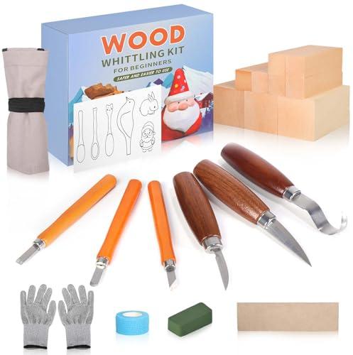 jianyana 35-teiliges Premium Holzschnitzset, 18-in-1-Werkzeugset, Deluxe-Holzschnitzwerkzeuge, Handschuhe, Schleifstein und 9 Blöcke | Kreative handgemachte Geschenke für Anfänger und Erwachsene