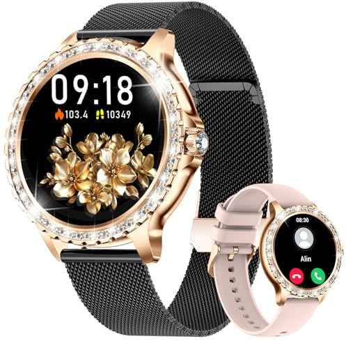 LIGE Smartwatch för kvinnor bluetooth samtal för Android iOS 1,32 tum HD Full Touch Screen Smartwatch Diamond Black Mesh, hjärtfrekvens, sömnmonitor, stegräknare, kalorier, 100+ sportläge