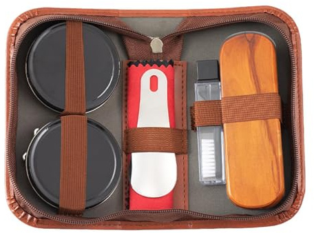 PawwJoy Kit de cirage de chaussures en cuir avec étui de rangement pour bottes à usage domestique avec brosses, chiffon de polissage et chausse-pied
