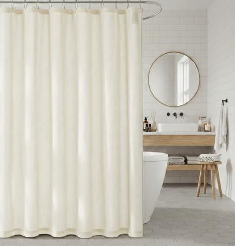 NICETOWN Natural Beige Waterproof Fabric Linen Texture Cloth Shower Curtain Set, 72 Inch Length Farmhouse Bathroom Decor with 12 Rustproof Metal Hooks, 72x72 Inch, 1 Panel, Wrinkle-Free