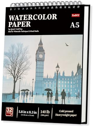 A5 Watercolour Paper Pad, 32 Sheets (64 Pages), 300GSM (140LB) Cold-Press, Natural White, Spiral-Bound A5 Sketchbook, Drawing Pad, Mixed Media Paper – Suitable for Beginners & Hobbyists