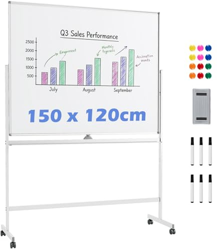 COSTWAY Tableau Blanc Effacable sur Pied 150 x 120 cm, Double Face, Tableau Blanc Roulette, 2 Hauteurs Réglables, Cadre en Métal, 10 Aimants, Whiteboard Magnetique pour École Bureau Maison(Blanc)