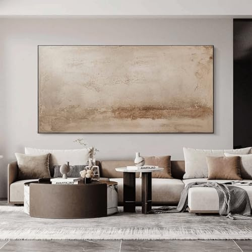 UUDEZO Stor beige oljemålning med struktur – Wabi-stil, abstrakt väggmålning, lämplig för vardagsrum och sovrum (70 x 140 cm (28 x 55 tum), svart ram)
