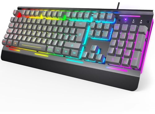 TECKNET RGB Gaming Keyboard, 105 Keys, All-Metal Panel, 15-Zone RGB Illumination, Backlit Quiet Computer Keyboard, Wrist Rest, 25 Anti-ghosting Keys,IP32 Water & Dust Resistant USB Wired