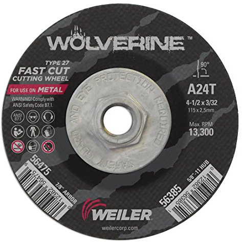 Weiler 56385 4-1/2 Inch Cutting Wheel, Wolverine AO Steel/Metal Fast Cutting, 3/32 A24T Type 27 5/8-11 Hub, Pack of 10