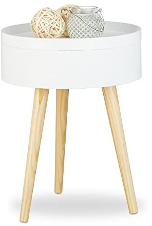 Relaxdays Beistelltisch rund skandinavisches Design, 70er, Nachttisch mit Tablett, Staufach, HxBxT: 50x38x38 cm, weiß