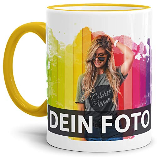 Tasse selbst individuell gestalten/Personalisierbar mit eigenem Foto bedrucken/Fototasse/Motivtasse/Werbetasse/Firmentasse mit Logo/Rand & Henkel Gelb