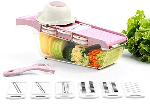 KUANDARGG Safety Mandoline Slicer Food Chopper Professional 6 in 1 Vegetable Cutter Premium Potato Slicer, Onion Slicer, Easy to Clean, Non-slip Handle Multifunction, PINK