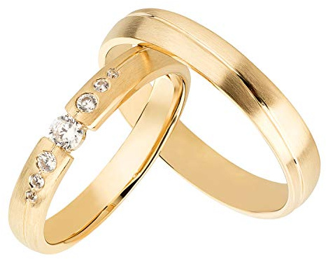 Ardeo Aurum Trauringe Damenring und Herrenring aus 375 Gold Gelbgold mit 0,17 ct Diamant Brillant Eheringe matt Paarpreis