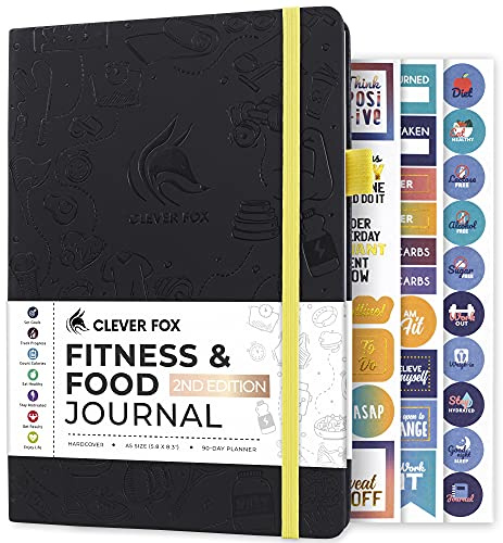 Clever Fox Fitness & Food Journal – Nutrition & Workout Planner for Women & Men – Diet & Gym Exercise Log Book with Calendars, Diet & Training Trackers - Undated, A5 Size, Hardcover (Black)