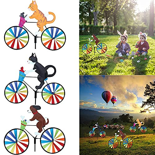 SEAHUI Lot de 3 moulins à vent en forme d'animal arc-en-ciel - Motifs chats sur un vélo - Pour terrasse, cour, pelouse, jardin, fête