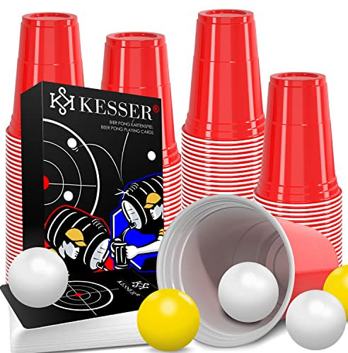 KESSER® Beer Pong Becher Set Mit Kartenset 54 Karten, Bierpong Trinkspiele Partybecher Sets (100 Becher 473ml + 10 Bällen) Bierpong Cups Spieleabend Geburtstag Partyspiel Hochzeit